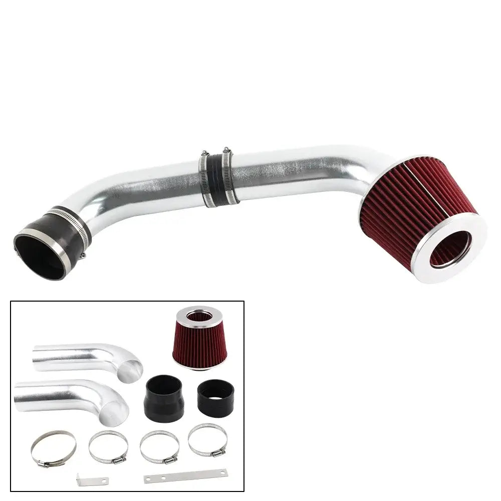BMW E46 Cold Air Intake System Kit for 1998-2005 models, featuring red filter and polished aluminum pipe.