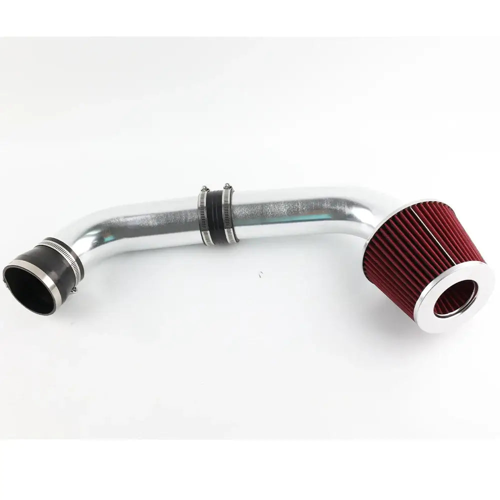 BMW E46 cold air intake system with chrome piping and red air filter for enhanced performance 1998-2005
