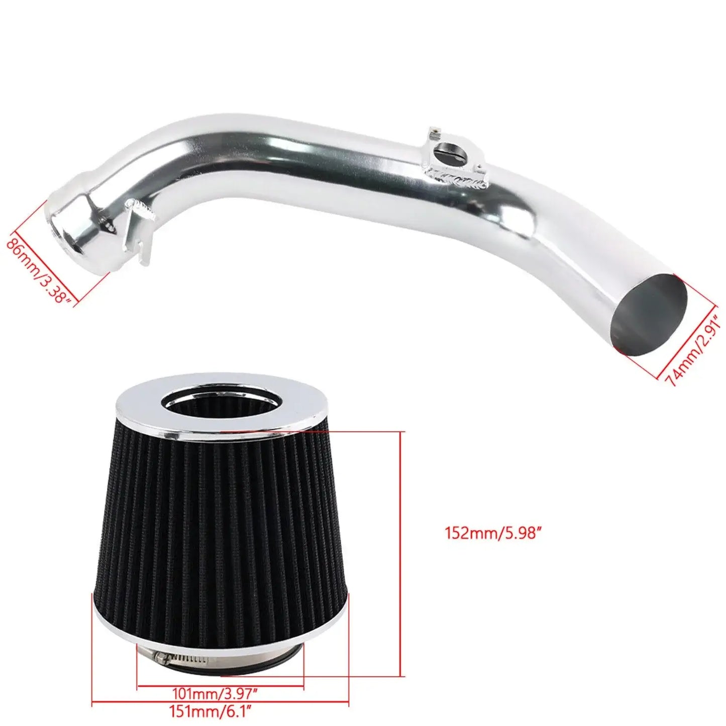 Mazda 6 Cold Air Intake components with silver aluminum pipe and black filter, designed for 3.0L V6 engines (2003-2008).