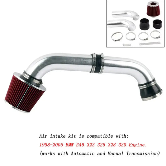 BMW E46 Cold Air Intake Kit for 1998-2005 models, enhancing horsepower and performance with a polished design.
