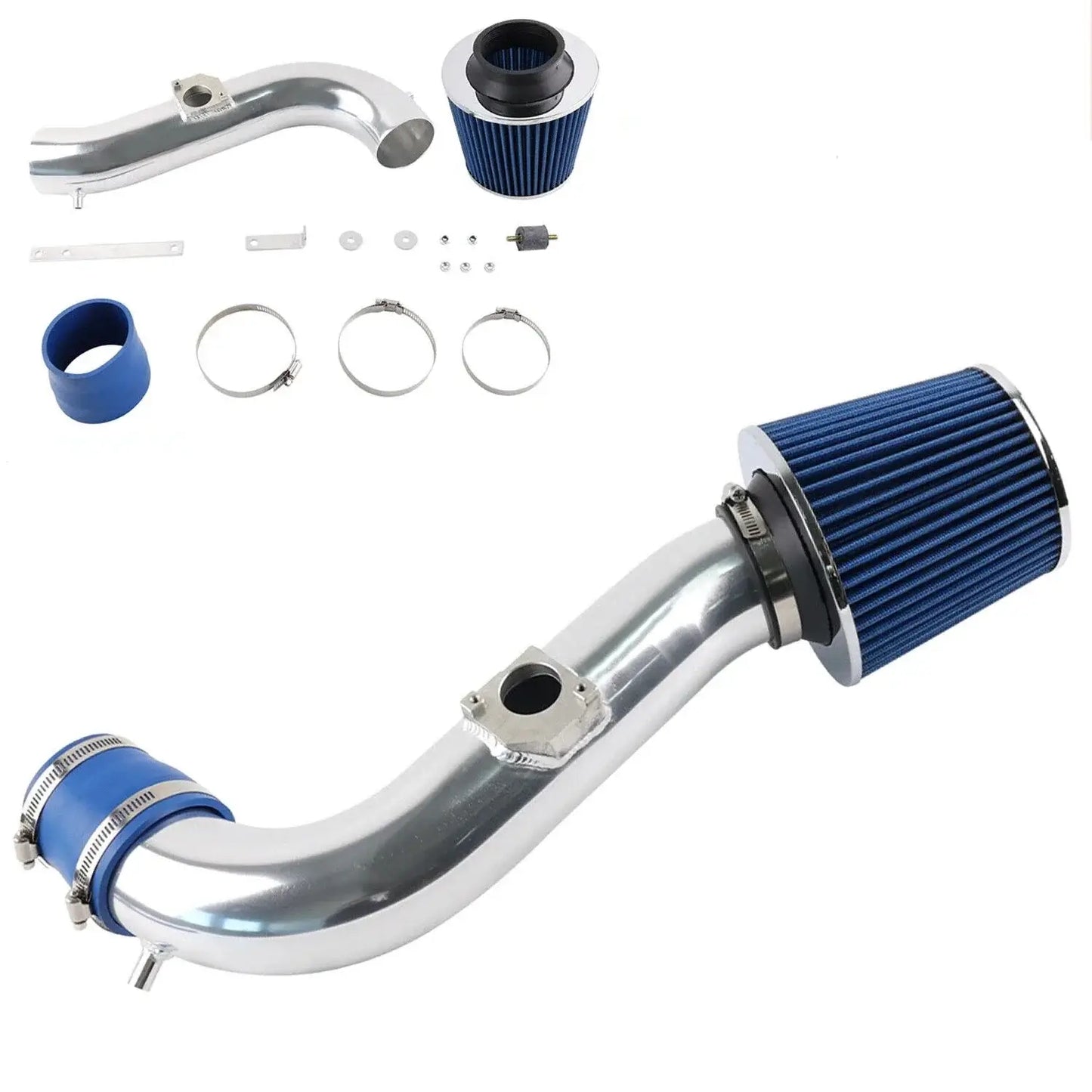 Toyota Altezza & Lexus IS300 3.0L cold air intake kit with shiny metal pipe and blue filter.