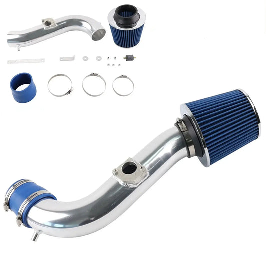 Toyota Altezza & Lexus IS300 3.0L cold air intake kit with shiny metal pipe and blue filter.