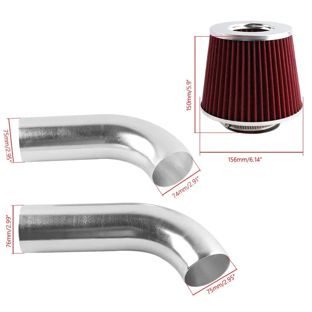 BMW E46 Cold Air Intake components including aluminum pipes and filter for enhanced performance and airflow.