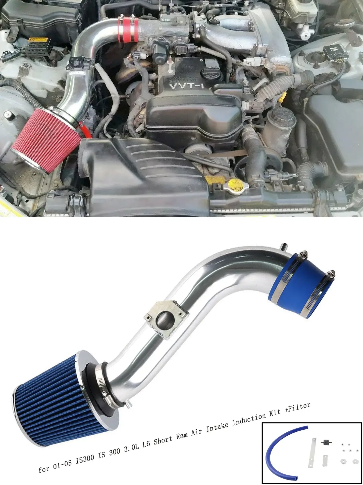 Toyota Altezza and Lexus IS300 3.0L cold air intake kit with chrome piping and performance filters.