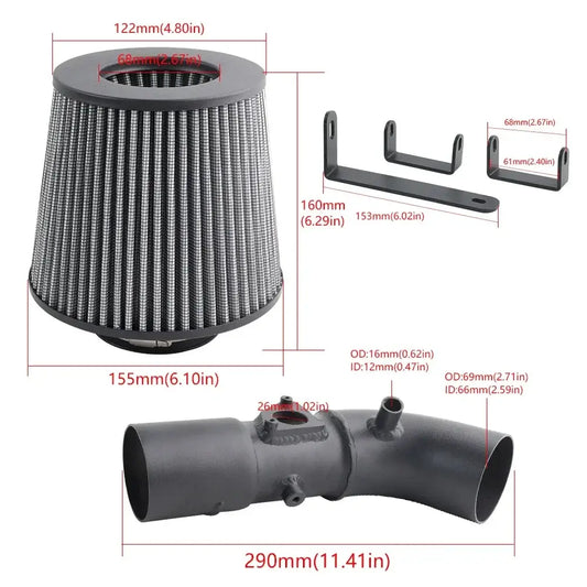 Toyota Corolla Cold Air Intake components, including filter and aluminum tube, enhancing engine performance for 2009-2017 models.