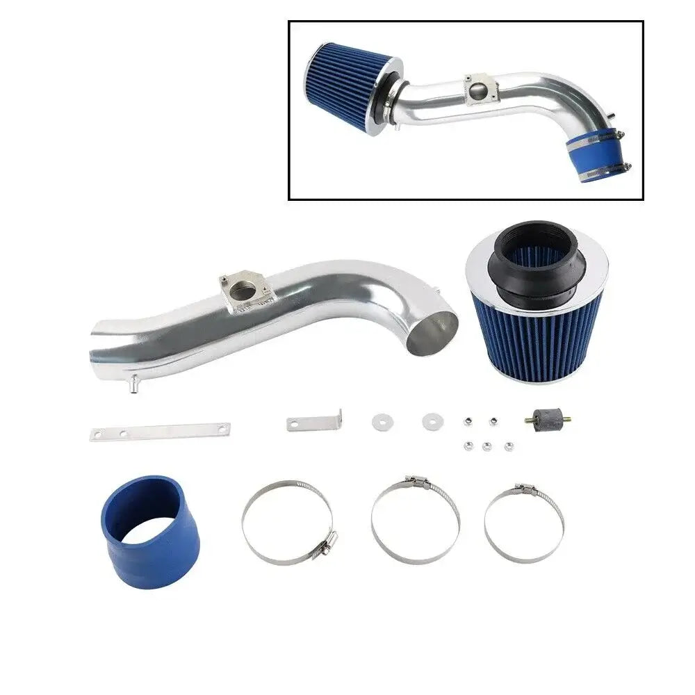 Cold air intake kit for Toyota Altezza and Lexus IS300, featuring a polished aluminum pipe and blue filter.