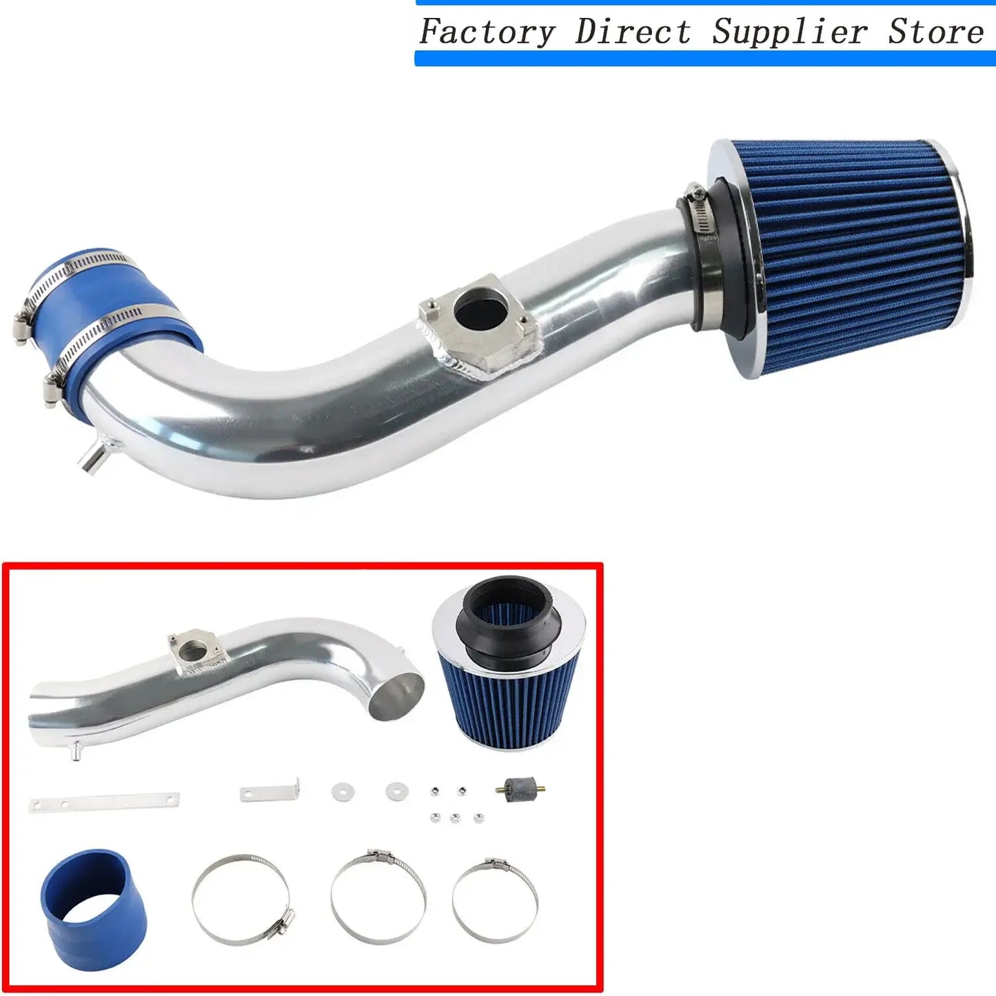 Toyota Altezza & Lexus IS300 3.0L cold air intake kit with aluminum pipe and blue filter components.