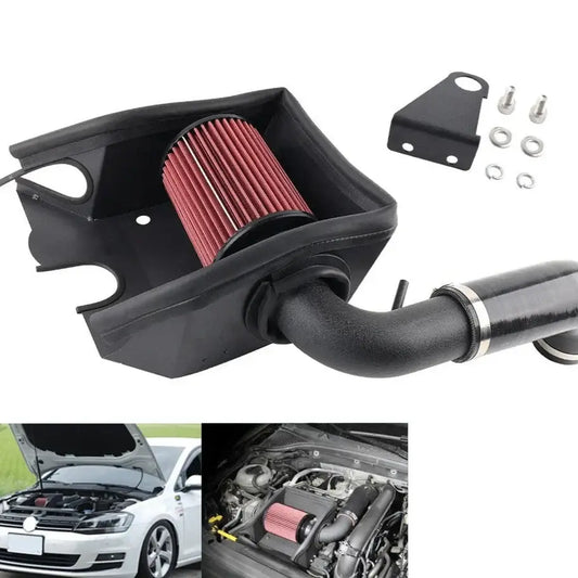 Volkswagen Golf MK7 cold air intake kit with red filter, aluminum pipe, and heat shield for enhanced performance.