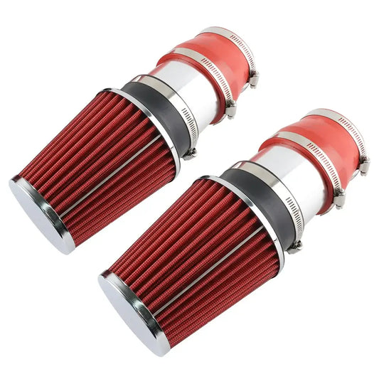 Pair of red cold air intake filters for Mercedes-Benz C-Class V6 engines, enhancing performance and airflow.