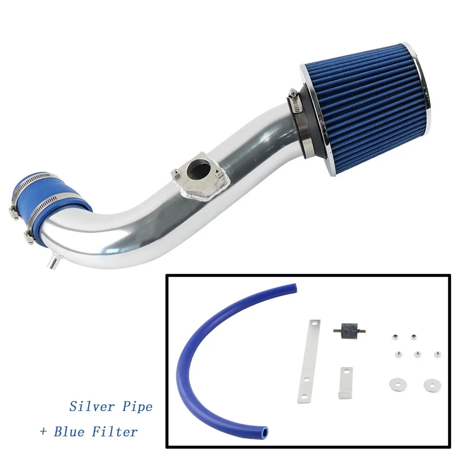 Toyota Altezza and Lexus IS300 cold air intake kit with silver pipe and blue filter for improved engine performance.