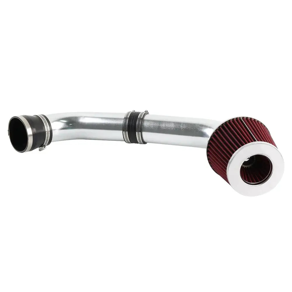 BMW E46 Cold Air Intake System Kit with silver piping and red filter, designed for enhanced engine performance