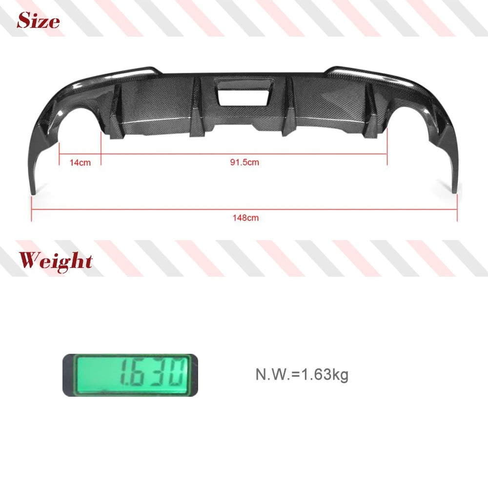 Carbon fiber car bumper with measurements and weight display on a white background