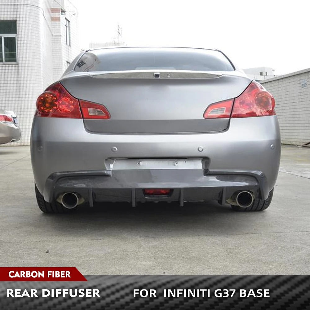 Carbon fiber rear diffuser for Infiniti G37 base on a silver car